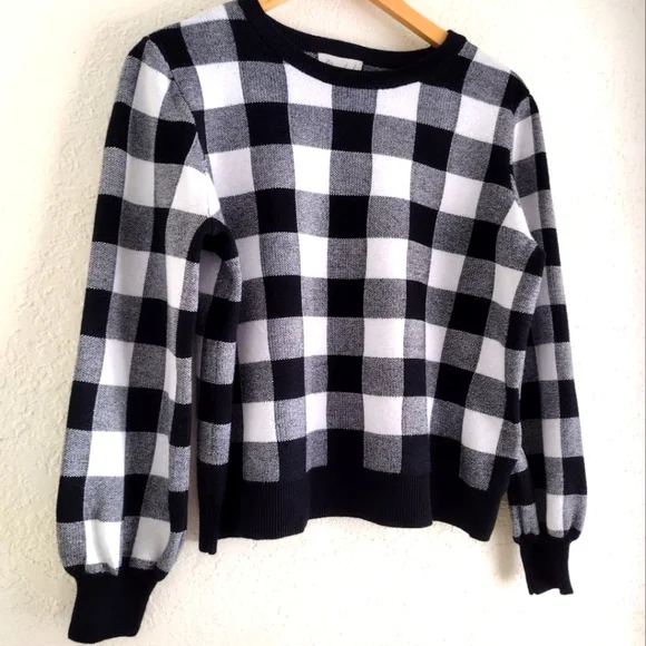 Marled Black And White Checkered Crewneck Pullover Sweater - Picture 3 of 6